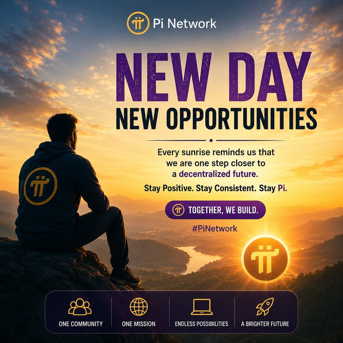 Pi Network promotional graphic titled "NEW DAY NEW OPPORTUNITIES" featuring a hooded figure sitting on a mountain overlooking a sunrise, with the hashtag "#PiNetwork" and the slogan "TOGETHER, WE BUILD."