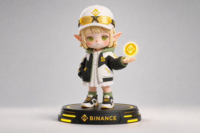 The image features a small figurine of a girl wearing a white hat, black jacket, and green shoes. The figurine has a gold coin in her hand. The background of the image is gray, which contrasts with the bright colors of the figurine. The caption below the image reads "刚刚我用 @dappOS_com 几分钟就搞定了一个超好看的公仔！ 真正能落地的AI神器", which is a reference to the game "Binance".