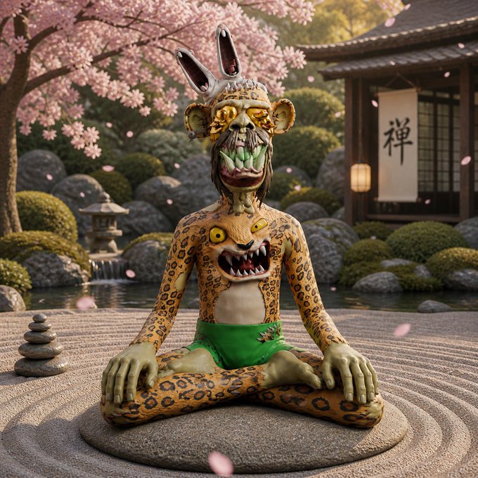 A surreal digital artwork of a bizarre hybrid character with a leopard-spotted body, sharp fangs, and bunny ears, meditating in a green loincloth on a raked sand zen garden, set against a backdrop of cherry blossom trees and a Japanese-style building with a lantern bearing the kanji '禅' (zen).