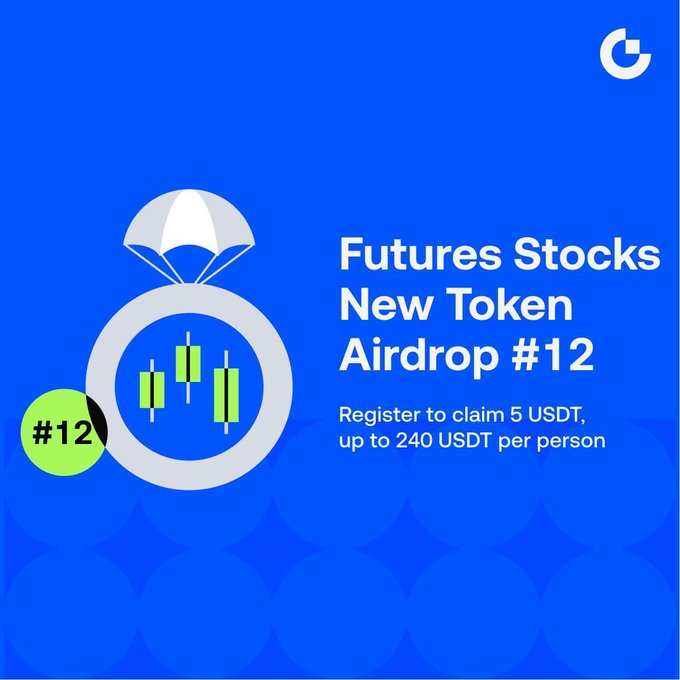 The image shows a promotional banner on a blue background featuring an illustration of a parachuting package containing a green candlestick chart, alongside text reading "Futures Stocks New Token Airdrop #12 — Register to claim 5 USDT, up to 240 USDT per person," with a "C" logo in the top right and a "#12" badge. This visual aligns with the post's announcement of Phase 12 of the airdrop, highlighting the 5 USDT first-trade bonus and the chance to win up to 240 USDT per participant through trading futures stocks like CAMBRICON, FII, and CMOC.