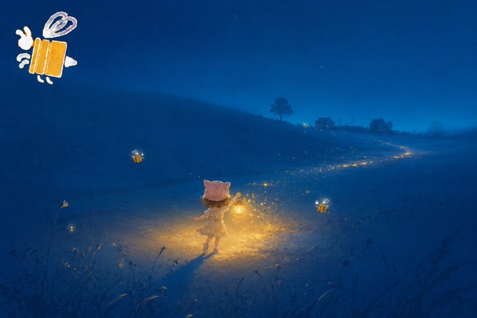 The image features a girl holding a lantern at night with a small bee flying around her head. The background shows a dark blue sky filled with stars, creating an enchanting atmosphere. In the bottom right corner of the image, there's a post that reads "I've been quite surprised lately—the World Cup has unexpectedly sparked something different with @River4fun." This post seems to be related to the girl and her lantern, as it suggests that she is participating in a unique way to engage with the ongoing World Cup events.