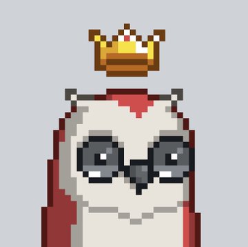 A pixel art illustration of a white owl or bird character wearing glasses and a small golden crown, with a red background.