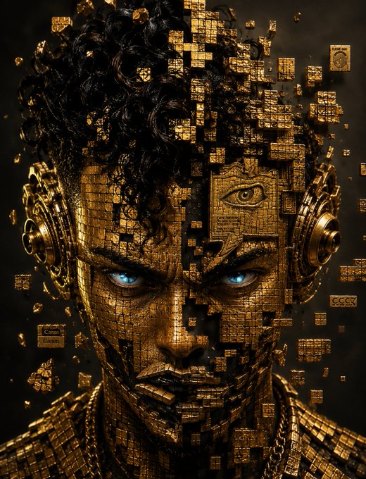 Digital art portrait of a person's face composed of fragmented golden cubes with glowing blue eyes against a dark background.