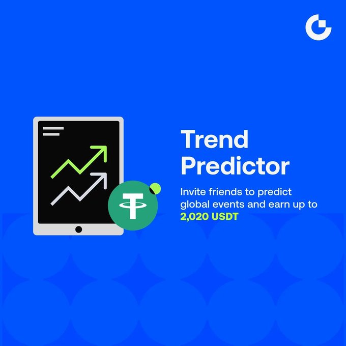 A blue promotional graphic features a tablet displaying upward-trending green and white arrows alongside a Tether (USDT) coin icon, with bold text reading "Trend Predictor — Invite friends to predict global events and earn up to 2,020 USDT," reinforcing the post's referral rewards campaign for predicting global events.