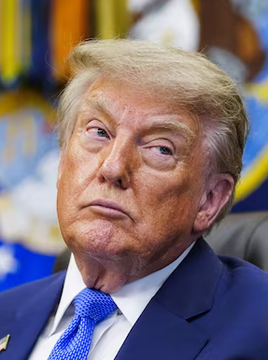 President Donald Trump is shown in a close-up portrait, wearing a navy blue suit with a blue patterned tie, appearing somber against a blurred background. The image accompanies news that Trump met with advisers to discuss the Clarity Act's ethics provisions.