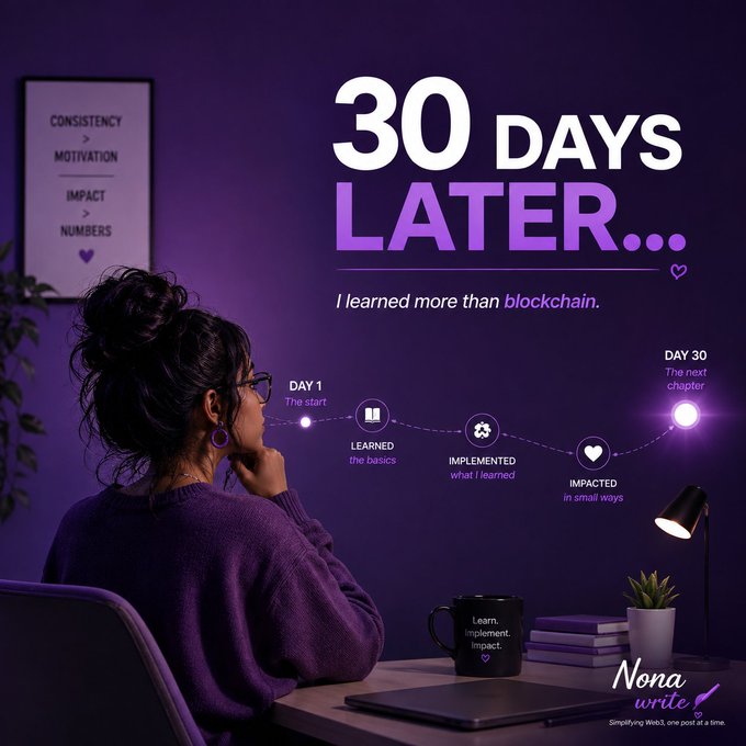 A graphic design titled '30 DAYS LATER...' showing a woman looking at a timeline of progress from 'DAY 1 The start' to 'DAY 30 The next chapter', with the text 'I learned more than blockchain' and 'Nona write'.