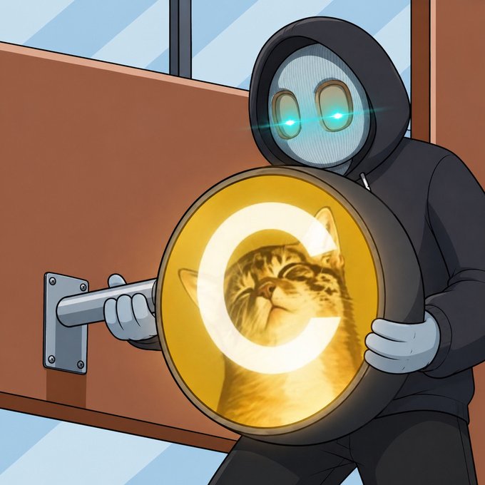 A hooded figure with glowing eyes holds a large coin featuring a cat's face (a nod to the "CATE" ticker) as it is being mounted onto a sign, symbolizing the scheduled launch or unveiling of the CATE project at 8pm UTC.