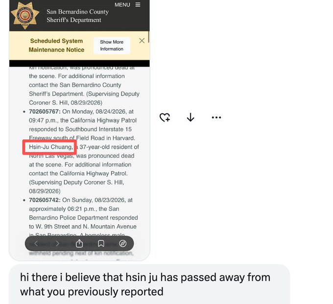 A mobile news webpage from the San Bernardino County Sheriff's Department about a fatality, with a text overlay below reading 'hi there i believe that hsin ju has passed away from what you previously reported'.