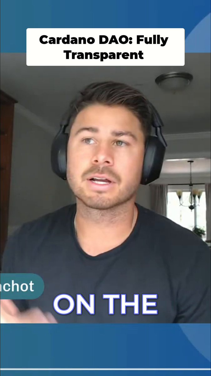 The image features a man wearing headphones while talking into a microphone. The text above him reads "Cardano DAO: Fully Transparent", indicating that he is discussing the transparency of the DAO blockchain.