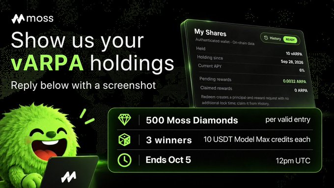 A promotional graphic for 'moss' featuring a green mascot character, asking users to share screenshots of their vARPA holdings for a chance to win 500 Moss Diamonds and 10 USDT Model Max credits, ending October 5 at 12pm UTC.