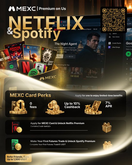 An advertisement for MEXC cryptocurrency exchange promoting 'NETFLIX & Spotify' Premium perks, showing card benefits including 0 fees, up to 10% cashback, and 7% APR, along with a QR code.
