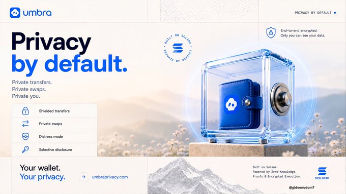 Promotional banner for 'umbra' featuring the tagline 'Privacy by default' with features like shielded transfers, private swaps, distress mode, and selective disclosure, built on Solana with Zero-Knowledge Proofs & Encrypted Execution, directing to umbraprivacy.com.