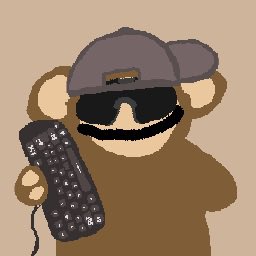 A pixel art style image of a brown teddy bear wearing a gray cap and sunglasses, holding a black remote control.