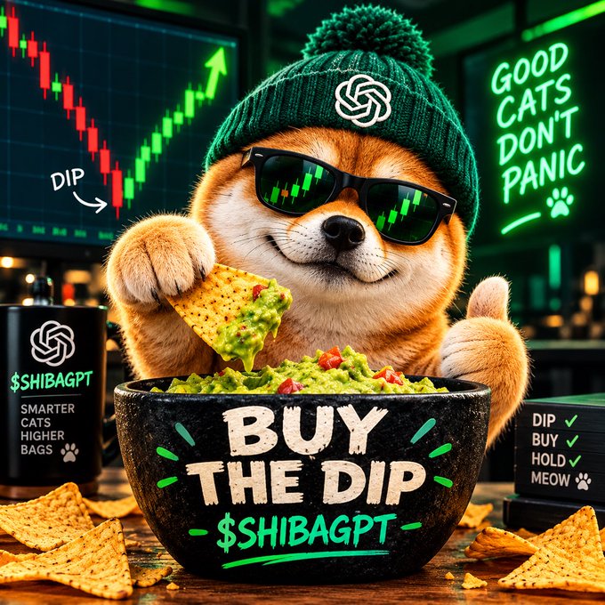 An AI-generated Shiba Inu wearing sunglasses and a beanie, eating guacamole from a bowl labeled 'BUY THE DIP — $SHIBAGPT', with a stock chart and '$HIBAGPT' mug nearby.