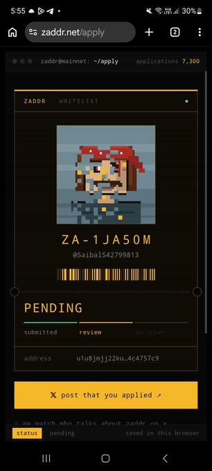 A mobile screenshot of zaddr.net/apply showing a 'PENDING' ZADDR Whitelist application for ZA-1JA50M with status 'pending'.