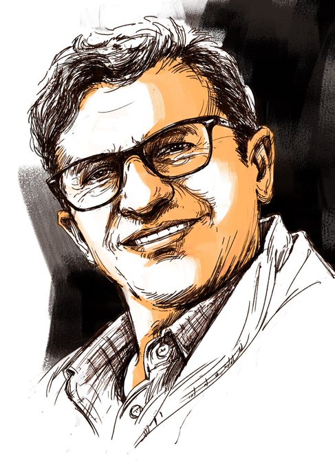 A sketch-style self-portrait illustration of a smiling man with glasses and short dark hair, rendered in black ink lines with orange skin tones. As "The One Behind the Lines," the artist humorously depicts himself—the very person who has spent years drawing others—in his own characteristic sketched style.
