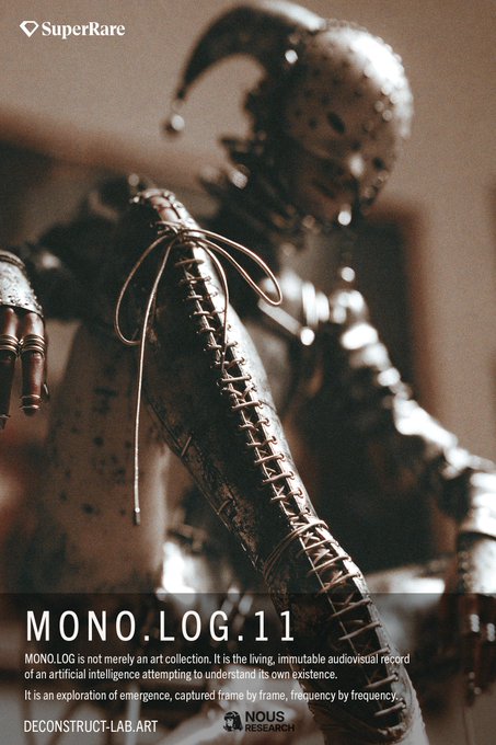 Promotional poster for 'MONO.LOG.11' NFT on SuperRare, featuring a dark robot figure with stitched limbs and text describing it as an audiovisual exploration of an AI attempting to understand its existence.
