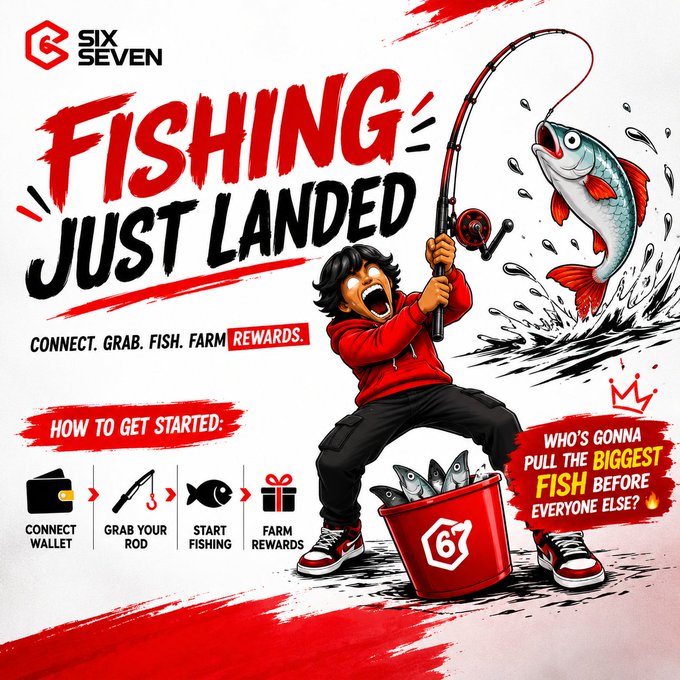 A bold promotional graphic for **Six Seven** (67) announcing their new "Fishing" game feature, featuring an anime-style character in a red hoodie reeling in a large fish with the tagline "Fishing Just Landed" and instructions to "Connect. Grab. Fish. Farm Rewards," alongside a 4-step "How to Get Started" guide (Connect Wallet → Grab Your Rod → Start Fishing → Farm Rewards) and a challenge asking "Who's gonna pull the biggest fish before everyone else?" The image directly visualizes the teased game concept described in the post.