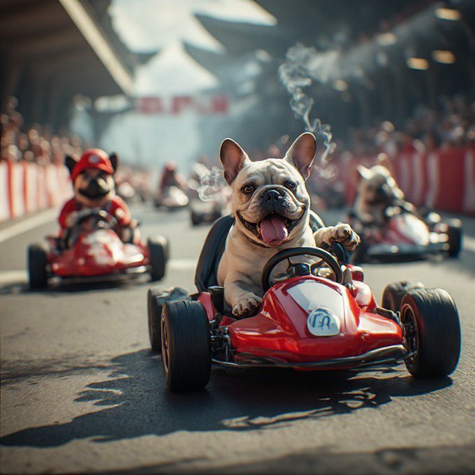 A smiling French Bulldog races a red go-kart ahead of competitors on a smoky track, matching the post's "$SMOKINGFREN" meme launch hype, with the car's "CA" logo visually hinting at the early contract address reveal at 7:45PM EST.