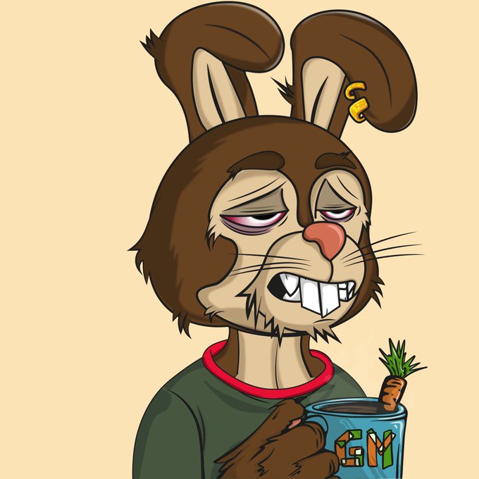 A cartoon illustration of a tired-looking brown rabbit/bunny character with droopy eyes holding a blue mug with a carrot sticking out of it, set against a beige background.