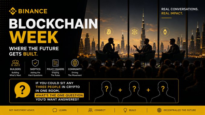 A promotional banner for Binance Blockchain Week features the tagline "Where the Future Gets Built" alongside icons for Builders, Skeptics, Policy Makers, and Community, with three silhouetted figures posed in front of a city skyline, while a featured prompt asks "If you could sit any three people in crypto in one room, what's the one question you'd want answered?"

The image visually reinforces the post's message by depicting an intimate panel setting with engaged speakers—symbolizing the behind-the-scenes collaboration and dialogue that drives the crypto industry beyond the surface-level price action most observers see.