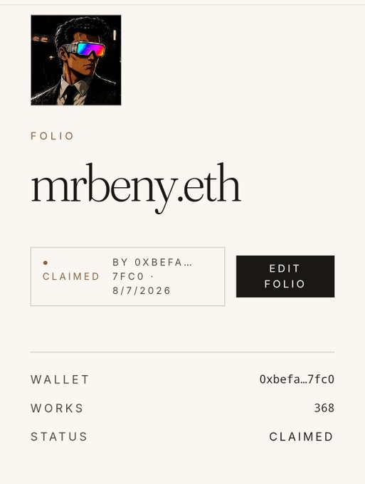 A digital profile page for 'mrbeny.eth' featuring a cyberpunk-styled profile picture with colorful visor glasses, marked as CLAIMED by wallet '0xbefa...7fc0' on 8/7/2026, showing 368 works.