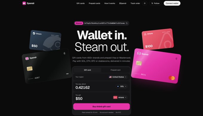 A screenshot of the Spendr website displaying the text 'Wallet in. Steam out.' and featuring digital gift cards for Sream, Airbnb, and Spendr.