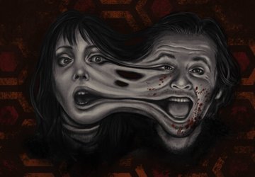 A dark, surreal digital artwork depicts two iconic horror faces—Jack Torrance's grinning visage and the ghostly woman from the bathroom scene—merging and warping together against a faint hexagonal-patterned background, illustrating the post's "Two Faces of The Shining" theme.