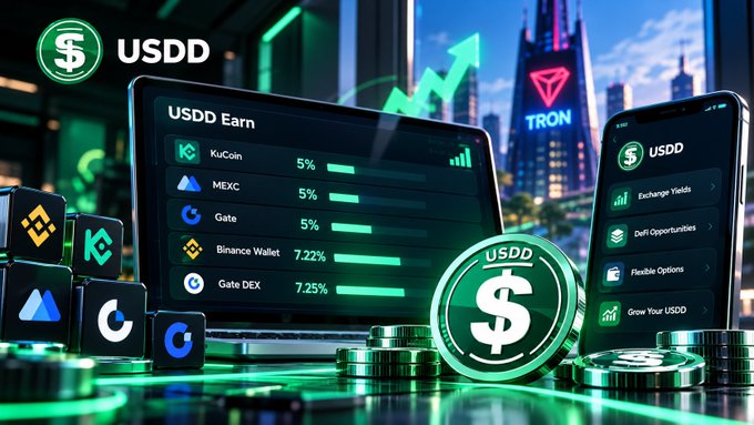 A digital promotional graphic for 'USDD Earn' showing yield rates on platforms like KuCoin (5%), MEXC (5%), Gate (5%), Binance Wallet (7.22%), and Gate DEX (7.25%), alongside a Tron logo.