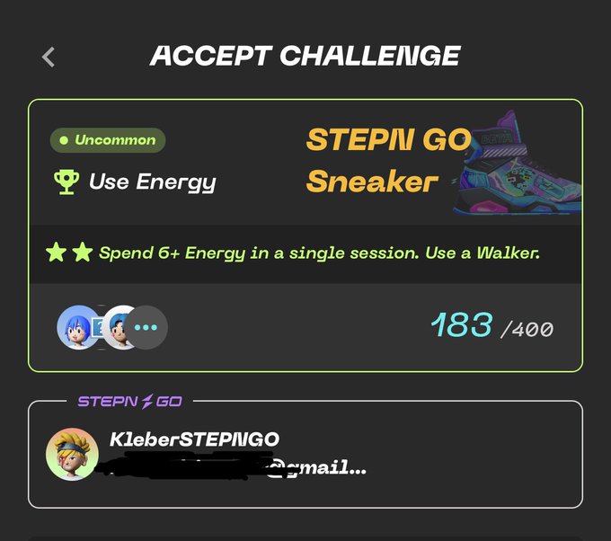The image features a black screen displaying text related to an Accepted Challenge. One of the options reads "Stepn Go Sneaker". This challenge involves walking while wearing a special sneaker, which tracks your steps and distance traveled. The challenge's score is displayed below it, stating that you need 6 energy units to complete the session.