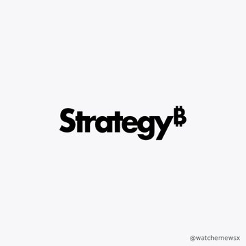 A black-and-white logo reading 'Strategy' with a Bitcoin symbol (₿) on a light gray background, credited to @watchmewsx.