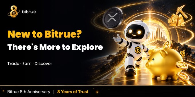 A Bitrue 8th Anniversary promotional banner features a friendly astronaut-like mascot and a golden piggy bank beside an XRP coin, with the text "New to Bitrue? There's More to Explore — Trade · Earn · Discover" and "8 Years of Trust," celebrating eight years of the platform while highlighting its long-standing support for XRP and AI-driven trading features.