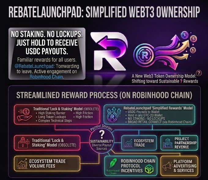 An infographic for 'REBATELAUNCHPAD: SIMPLIFIED WEB3 OWNERSHIP' detailing a 'STREAMLINED REWARD PROCESS' on the Robinhood Chain, comparing their 'Simplified Rewards Model' against obsolete 'Lock & Staking' models.