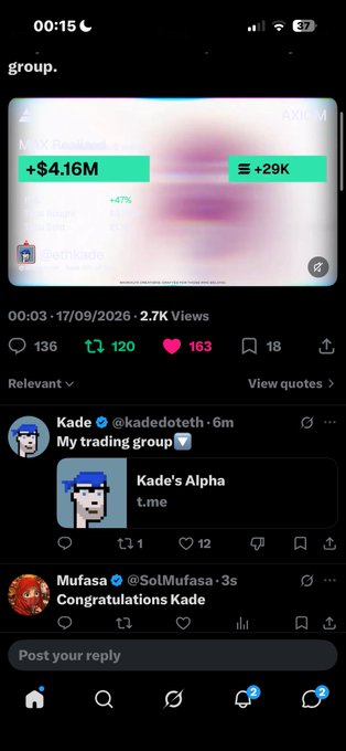 A mobile screenshot of the X app shows a post by 'Kade' promoting 'My trading group' and a link to 'Kade's Alpha'.