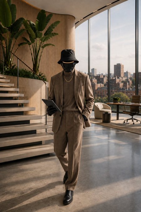 A stylized figure wearing a tan suit, black bucket hat, and dark visor walks through a modern, upscale interior while holding a tablet, with a city skyline visible through large windows.