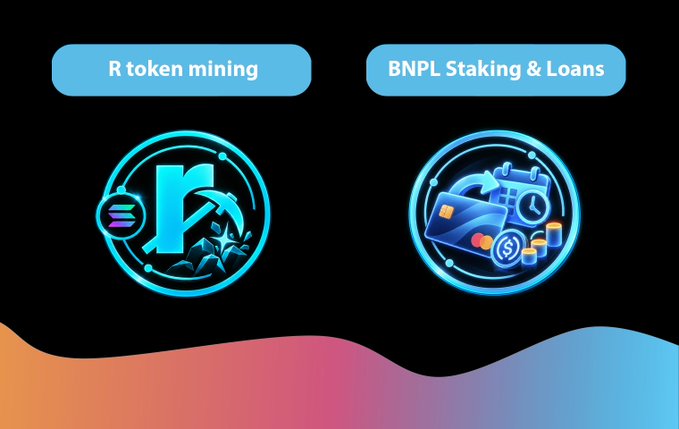 A graphic with two blue circular icons labeled 'R token mining' and 'BNPL Staking & Loans' on a dark background.