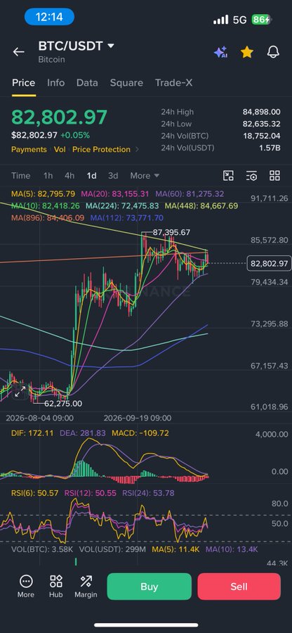 A BTC/USDT trading chart is shown at 82,802.97, up 0.05%, with 24-hour high/lows of 84,898.00 and 82,635.32. The post references a 4-hour BTC chart break below 224, with projected downside toward the 448 and daily 112 levels, while the displayed Bitcoin chart currently includes moving-average, MACD, RSI, and volume indicators.