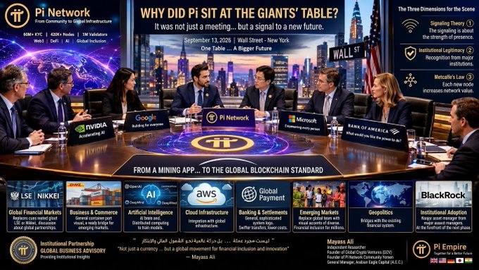 A complex, propaganda-style infographic titled 'WHY DID Pi SIT AT THE GIANTS' TABLE?', depicting a meeting between Pi Network representatives and executives from major corporations like NVIDIA, Google, Microsoft, and Bank of America.
