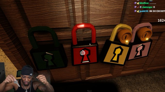 A streamer with a headband and chain gestures excitedly in the bottom-left corner while gameplay shows four colorful padlocks (green, red, yellow, and pink) lined up against a wooden surface, with a chat overlay displaying "MmRice", "slainraps: 0", and "jpskk98: IM SO EXCITIIT". The image captures a moment of anticipation that ties into the "YourRAGE is 1 of 1" caption, reflecting the streamer's unique, one-of-a-kind enthusiasm as he engages with his audience.