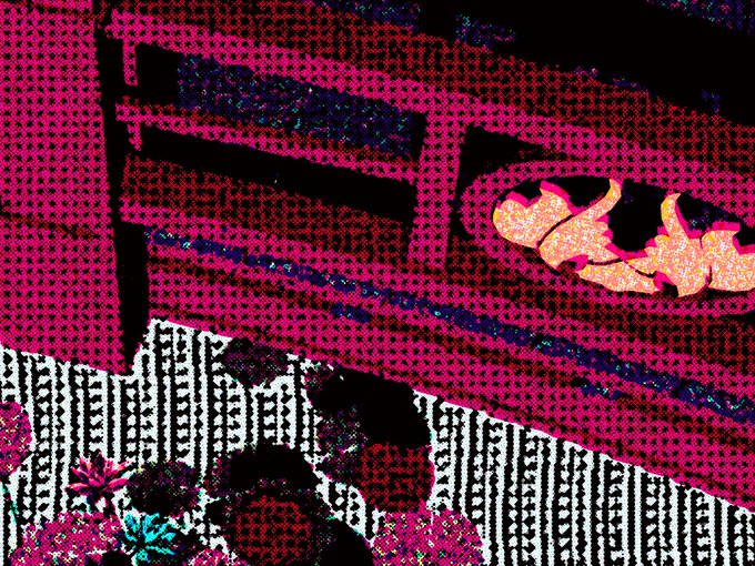 A stylized, high-contrast image with a halftone dot effect, showing what appears to be a hand reaching across a surface with pink and black stripes.