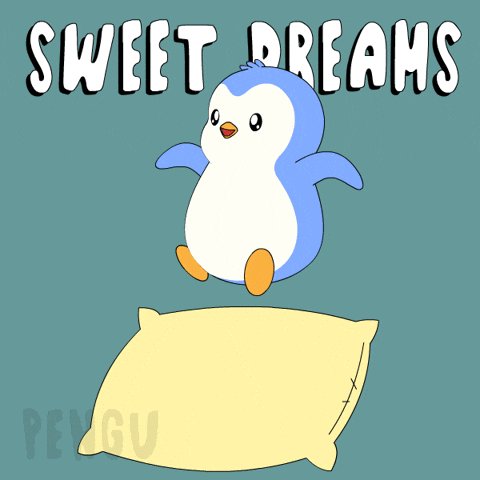 The image features a cartoon penguin sitting on top of an empty pillow with its arms outstretched as if it's flying or jumping into the air. The background color of the image is blue, which complements the white text that reads "Sweet Dreams". The post also includes a link to the artist's website, peggu.com, and mentions that the post was created by the artist Peggu.