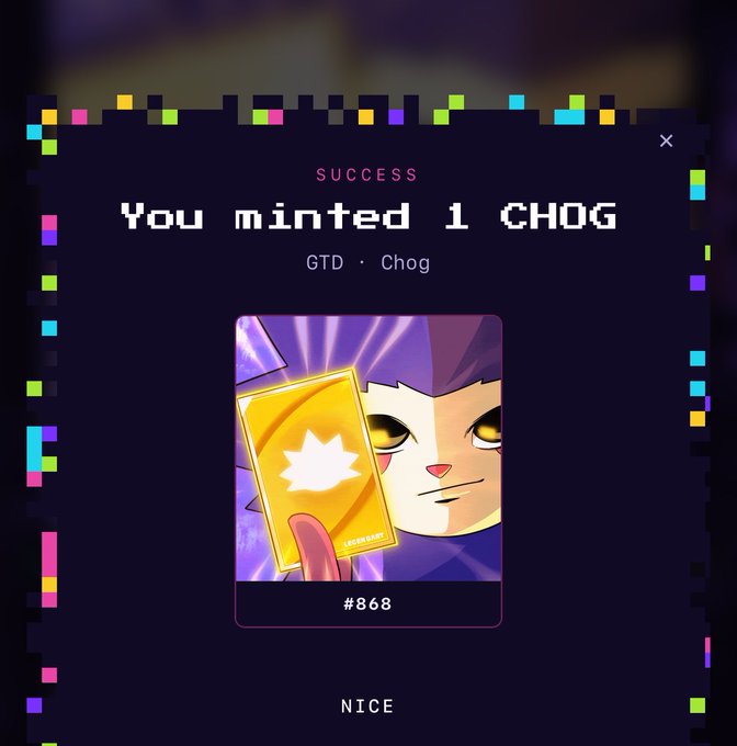 A digital 'SUCCESS' notification showing 'You minted 1 CHOG' with an NFT-style illustration of a purple-haired character holding a golden card, labeled '#868'.