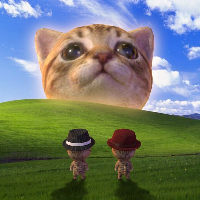 A giant cat head looms over a green hill with a blue sky background, as two small furry creatures wearing hats stand on the grass looking up at it.