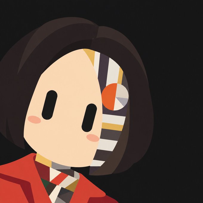 A stylized digital illustration depicts a character with short dark hair, oval black eyes, and rosy cheeks, wearing a red outfit with a geometric patterned accent on one side of the face.