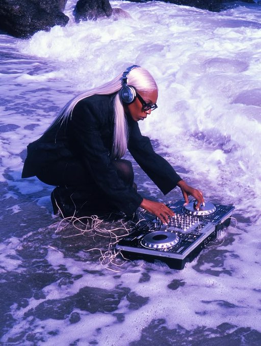 A platinum-haired woman wearing headphones and sunglasses crouches in foamy, purple-tinted surf while DJing on a mixer set up on the wet shoreline.