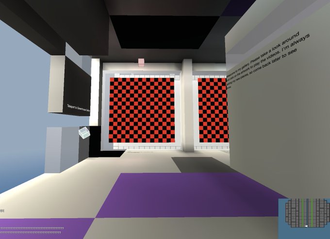A first-person view from a video game showing a room with red and black checkered doorways, white pillars, and purple floor accents.