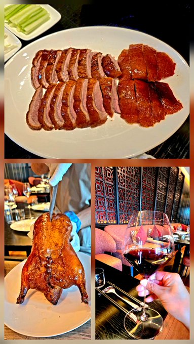 A collage showing a sliced Peking duck with crispy skin, the whole roasted duck presentation, and a person holding a glass of red wine at a London restaurant—paired with a celebratory post boasting about crypto profits from BTC and XRP.