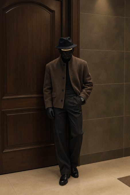 A figure wearing a dark fedora, brown jacket, black pants, and black gloves stands against a wooden door, their face obscured in shadow.
