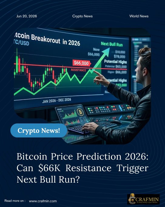 The image features a poster or advertisement for Bitcoin price predictions. On this poster, there's an illustration of a person pointing at a chart displaying Bitcoin prices and indicators like resistance trigger forecasts. The background of the picture shows blue, black, and gray colors that make up the overall design. The text in the image is white, making it easy to read: "What’s Driving Bitcoin’s ..." It talks about trends, market sentiment, and adoption growth influencing Bitcoin's future prices.