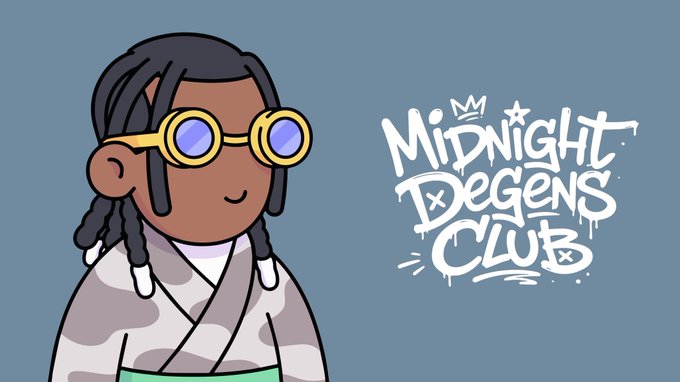 A cartoon illustration of a character with dark skin, braided hair, yellow-rimmed glasses, and a camouflage outfit appears next to the stylized text 'Midnight Degens Club'.